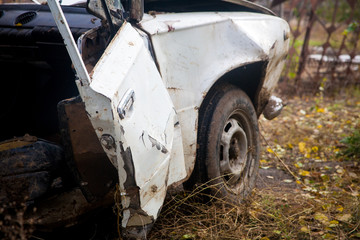 The car had a big accident on the road. Broken car. Car crash accident