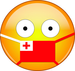 Yellow scared emoji in Tongan medical mask protecting from SARS, coronavirus, bird flu and other viruses, germs and bacteria and contagious disease as well as toxic smog in Tonga.