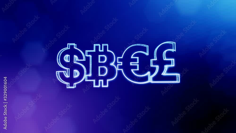 Aufkleber symbol bitcoin dollar euro pound. financial background made of glow particles as vitrtual hologram. 