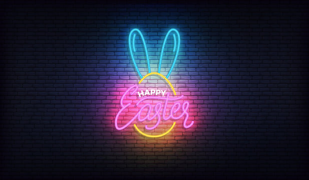 Easter Neon Sign. Glowing Colorful Lettering Badge For Easter Celebration