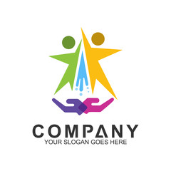 family care, healthy and happy logo elements. vector logo template of hand with people in circle shape