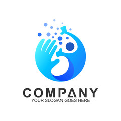 human health and care logo. vector logo template of hand with people in circle shape
