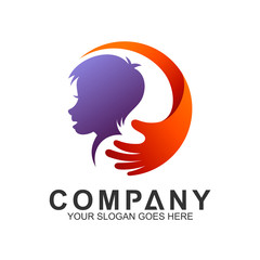 human health and care logo. vector logo template of hand with people in circle shape