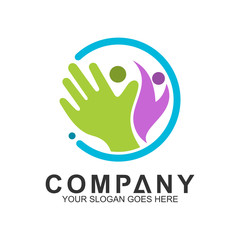 Obraz premium family care, healthy and happy logo elements. vector logo template of hand with people in circle shape