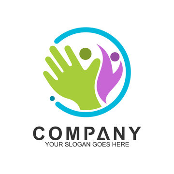 family care, healthy and happy logo elements. vector logo template of hand with people in circle shape
