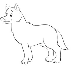 cartoon style wolf drawn in outline, isolated object on a white background, vector illustration,