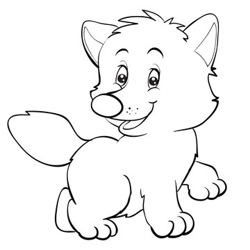 cartoon style little wolf cub is drawn in outline, isolated object on a white background, vector illustration,