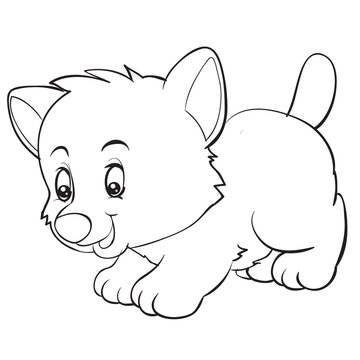 cartoon style little wolf cub is drawn in outline, isolated object on a white background, vector illustration,