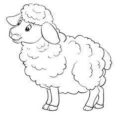 cartoon style sheep is drawn in outline, isolated object on a white background, vector illustration,