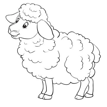 cartoon style sheep is drawn in outline, isolated object on a white background, vector illustration,