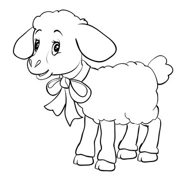 cartoon style little lamb with a bow on the neck is drawn in outline, isolated object on a white background, vector illustration,