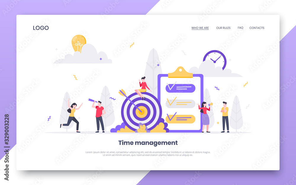 Poster teamwork concept with tiny people characters working together with big target and tiny people charac