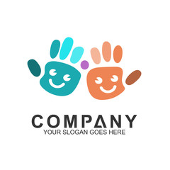  Kids care logo. Vector of hands with smiling child's face. Education and creative children icon