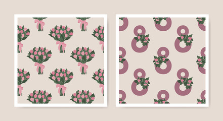 International Women's Day seamless patterns of bouquet of tulip flowers and number 8.