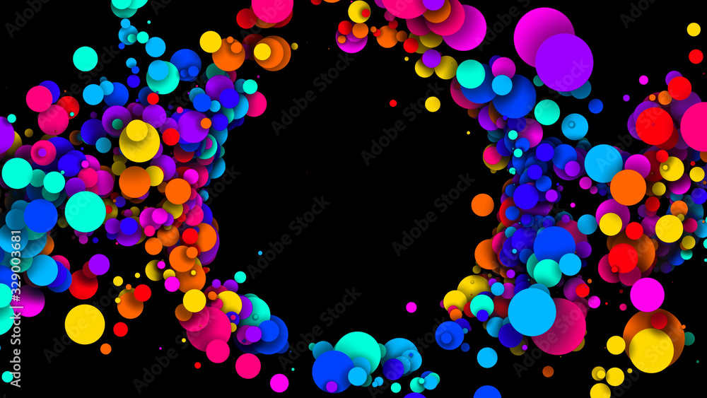 Poster Abstract simple background with beautiful multi-colored circles or balls in flat style like paint bubbles in water. 3d render of particles, colored paper applique. Round structure with copy space. 4