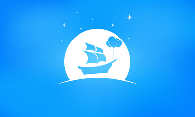Ship with sales being carried through the sky by 4 balloons. Boat is passing in front of moon and stars are in the sky. Icon is against a blue gradient background. There is copy space under for text.