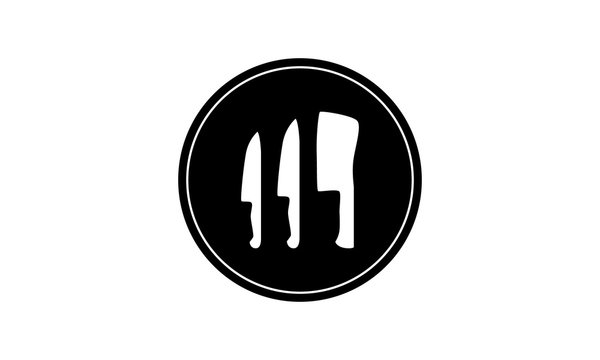 Vector with flat dark black circle with circular cutout and cutouts of in the shape of two knives and a cleaver. Icon is great for chef, restaurant, butcher or cutlery logo or badge.