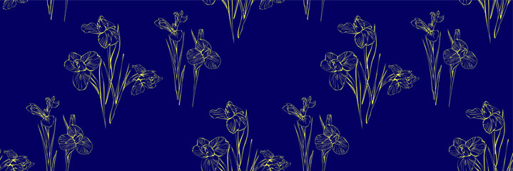 Irises flowers vector seamless background pattern hand drawn. Vector illustration. Textile design, wrapping paper.