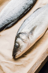 Raw whole seabass fish on the rustic background. Selective focus. Shallow depth of field.