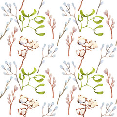 Easter willow seamless pattern watercolor. Hand drawn branches. Easter holiday illustration on white background