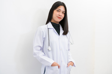 Portrait Asian female doctors wear white glue on white isolate background.