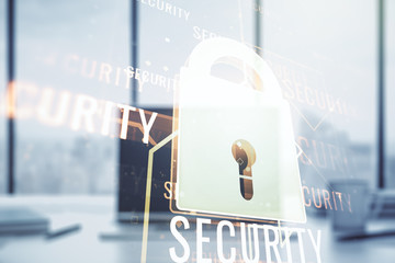 Creative light lock illustration with microcircuit on modern computer background, cyber security concept. Multiexposure