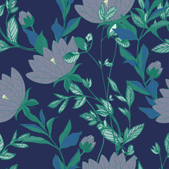 Flowers of pink lilies with leaves and petals on a red background seamless pattern.