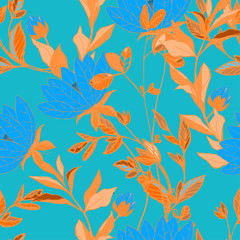 Fototapeta na wymiar Flowers of pink lilies with leaves and petals on a red background seamless pattern.