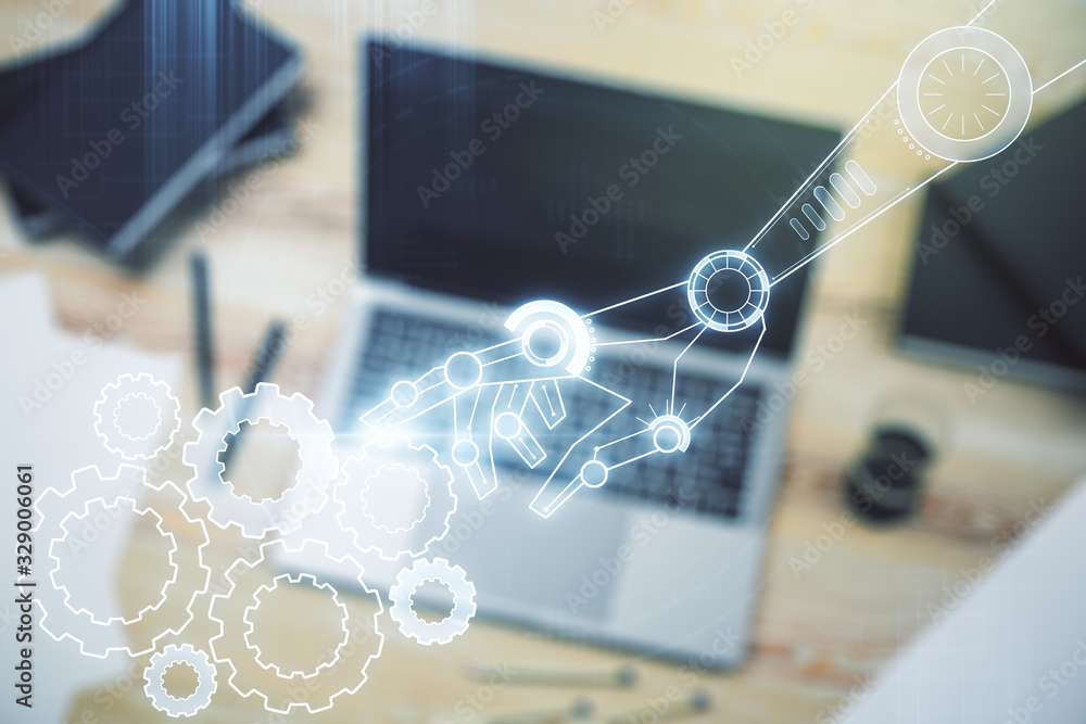 Poster creative concept of robotics technology on modern laptop background. robot development and automatio