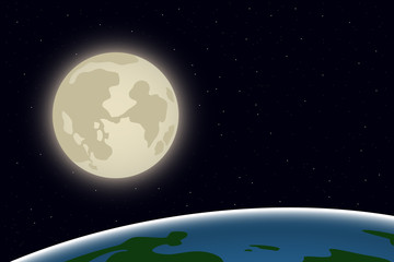 View of Moon and planet Earth from space. Vector illustration.