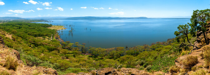 View from the mountains to Lake Nakuru National Park in Kenya - obrazy, fototapety, plakaty
