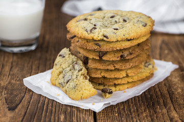 Portion of fresh Chocolate Chip Cookies (selective focus; close-up shot)