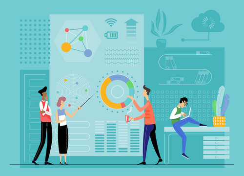 Vector flat illustration of business, office workers are studying the infographic, creative teamwork with dashboard. Data analysis, and office situations.
