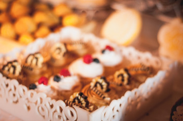 Candy bar. Table with sweets, candies, dessert