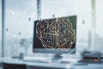 Creative artificial Intelligence concept with human brain hologram on modern laptop background. Multiexposure