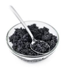 Fototapeta na wymiar Black Caviar as detailed close-up shot isolated on white background (selective focus)