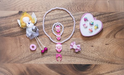 set of flowers on wooden background