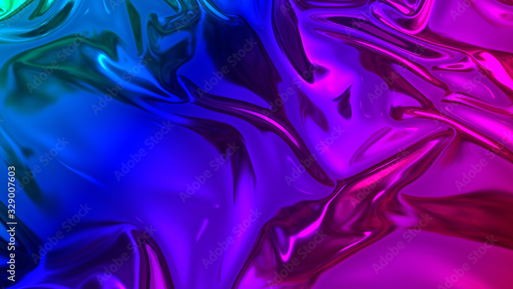 Poster 3d render beautiful folds of foil with gradient iridescent blue red color in full screen, as clean f