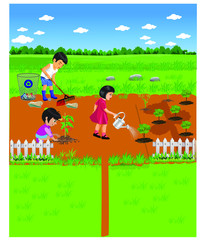 Gardening by children. Kids tree plantation