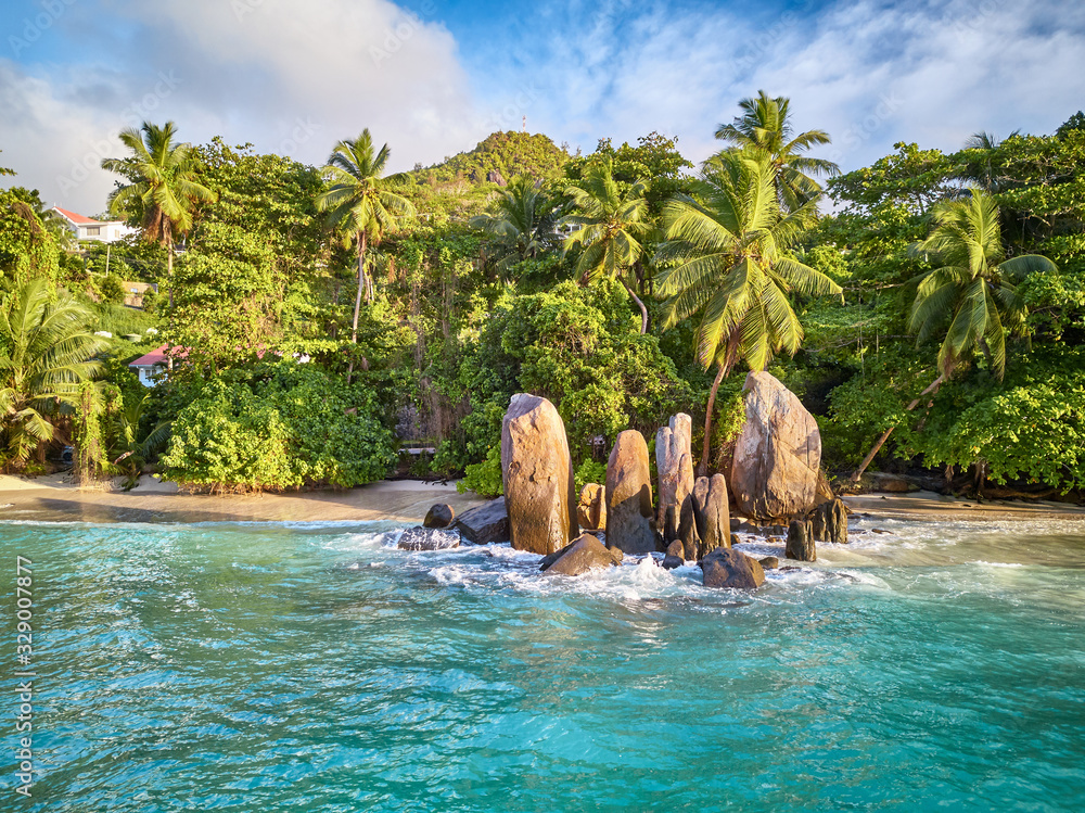 Sticker Beach at Seychelles aerial top view