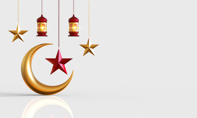 3d rendering of crescent moon, lanterns and star with with empty space for text on the right. Realistic background for ramadan, Ramadan kareem concept, 3D render illustration. © Syifa5610