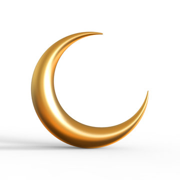 3d Rendering of gold crescent moon isolated on white background, Ramadan kareem concept - 3d Illustration