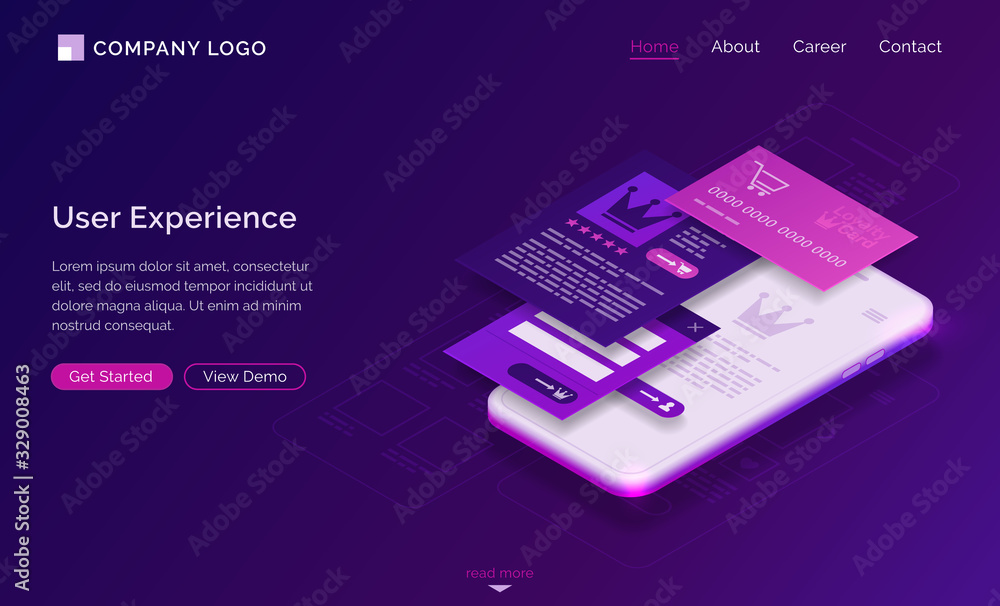 Poster user experience, ui ux isometric landing page, mobile phone with layout of shopping application and 