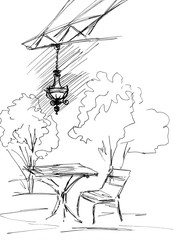 Graphic black and white drawing of an outdoor cafe with a beautiful chandelier