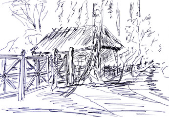 graphic sketch of a rural house with a thatched roof and a fence