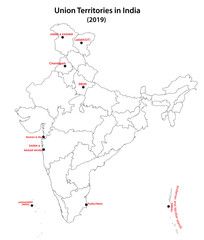 vector illustration of union territories in India with new division in 2019