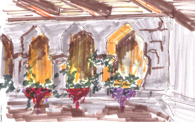 Obraz premium Graphic drawing of a beautiful wall with arched niches in summer cafe