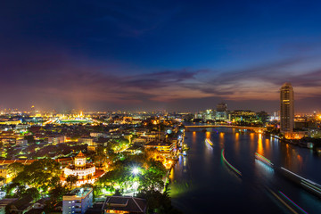 Bangkok City Scape, Thailand night. Panorama of Chao Praya River in Bangkok. View of phra Sumen fort with grand Palace and Emerald budha temple in the background, Bangkok Thailand.