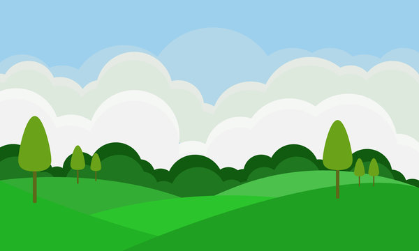 Flat Landscape With Green Yard And Tree On Blue Sky Background.