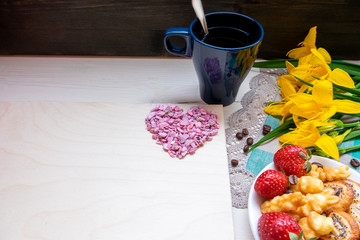 strawberry, heart a Cup of grain black coffee, with yellow flowers and a leaf for a note with a Valentine's day mother woman Easter